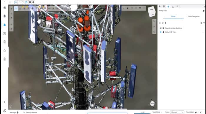 3D model of a telecommunications tower displaying various antennas, cables, and equipment, presented as a cell tower digital twin within a digital interface featuring navigation and editing tools for enhanced data clarity.