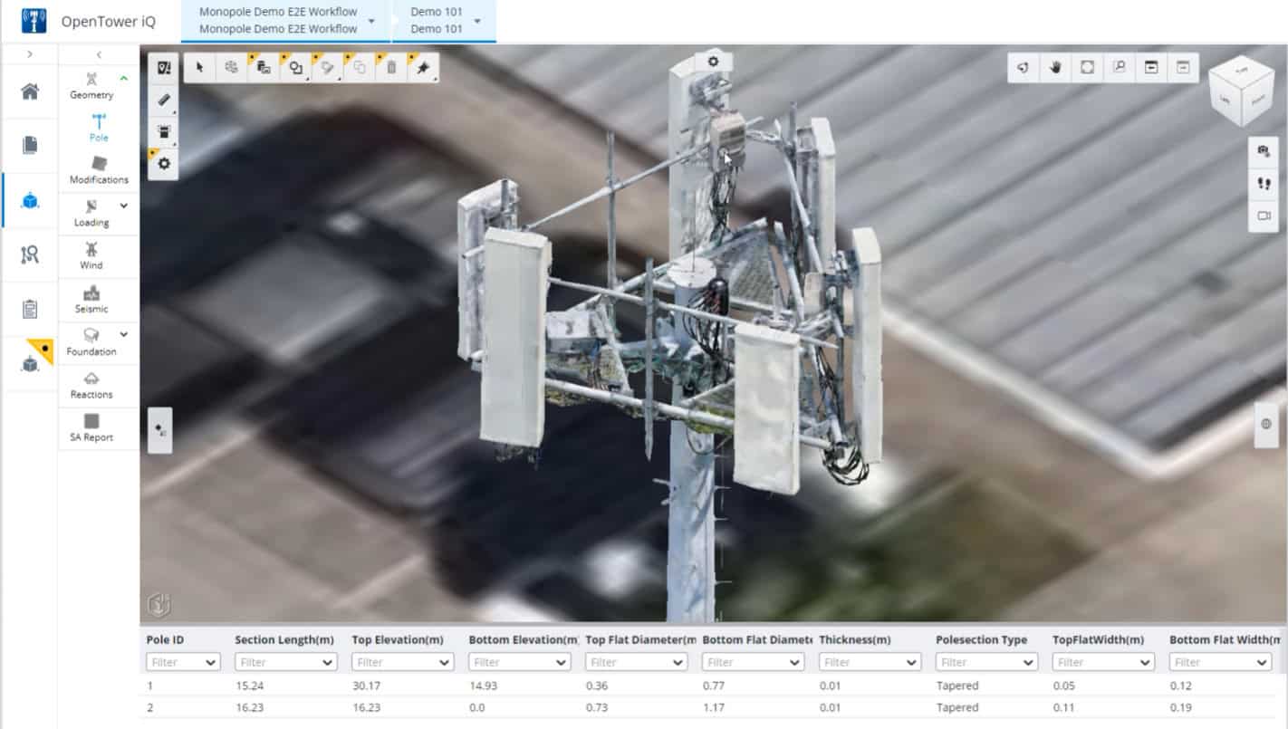 A 3D model of a cellular tower is displayed on a computer screen, showing structural details and measurement data in a table below the model.