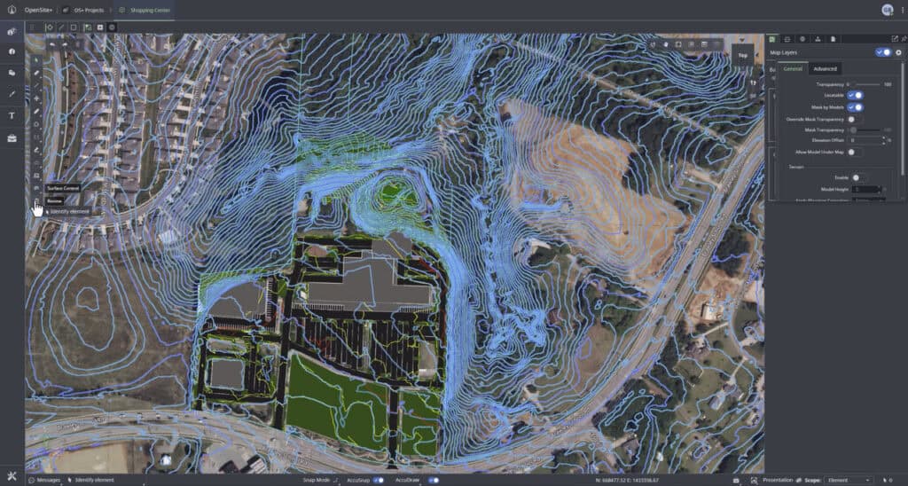 A digital map in OpenSite+ displays building outlines, roads, contour lines with elevation markers, and floodplain data—ideal for site design and analysis by firms like Pennoni.