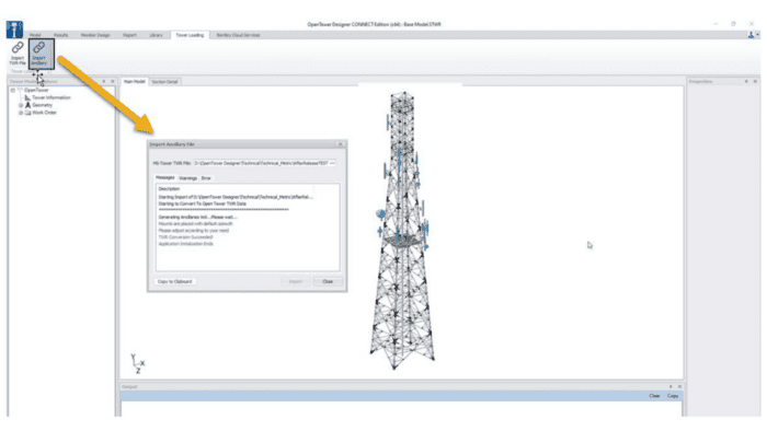 Screenshot of OpenTower Designer displaying Interface OTD window during application of Import Ancillary.