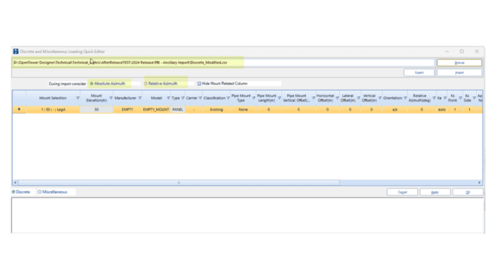 Screenshot of OpenTower Designer showing Quick Editor window with new tools to import/export Discrete report.