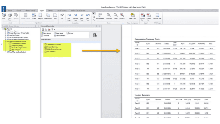 Screenshot of OpenTower Designer displaying OTD Report interface.