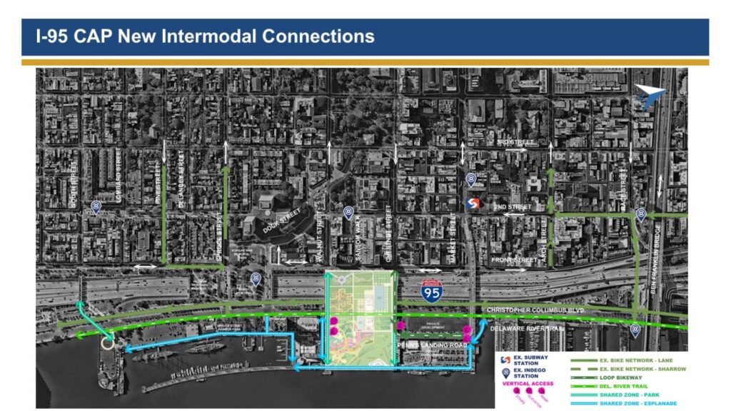 A map showing new intermodal connections for the I-95 CAP project, highlighting bike networks, green spaces, and shared road zones—featuring Bridges and Tunnels—near the waterfront in this Pennoni YII Project Profile.
