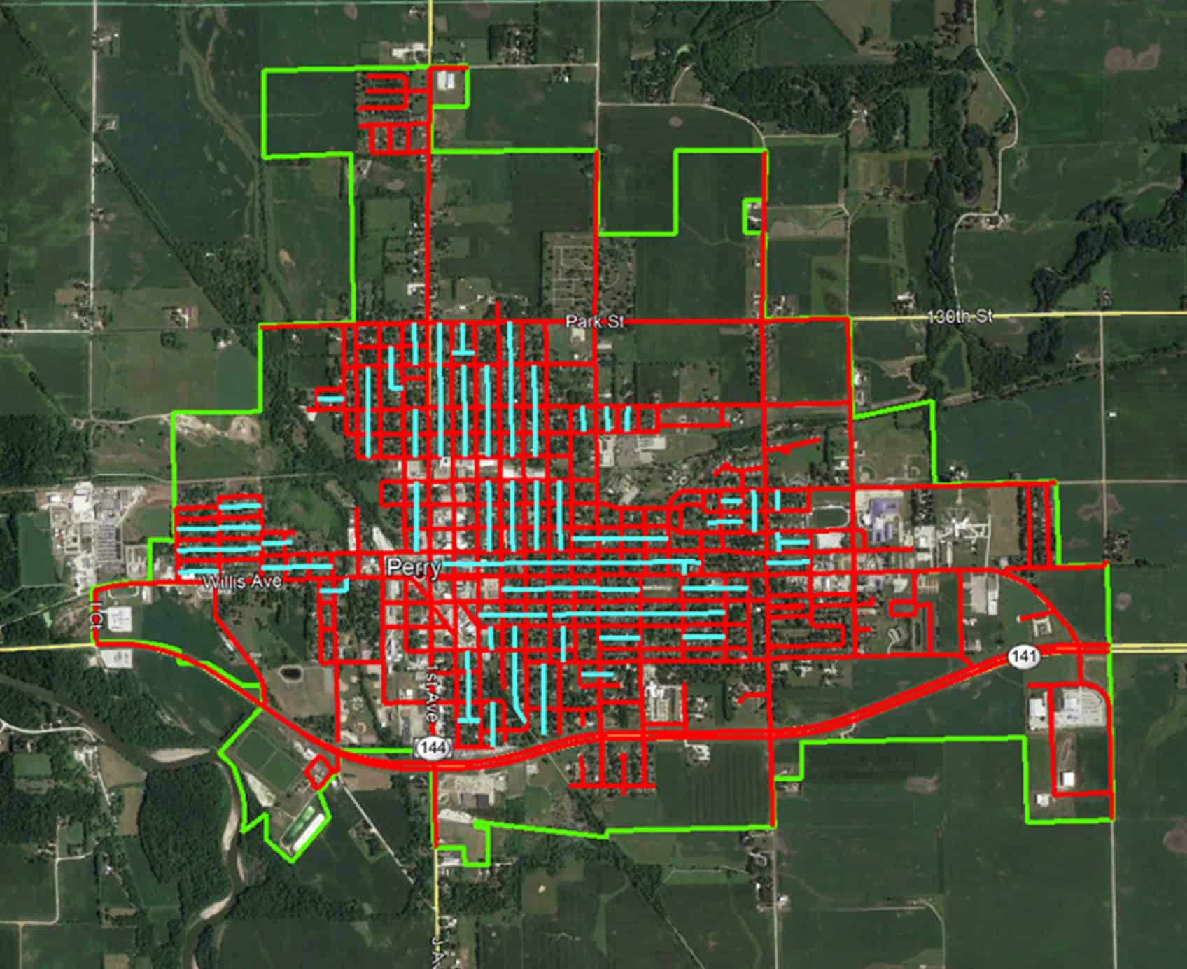 Aerial view imaging scan of routes throughout Downtown Perry.