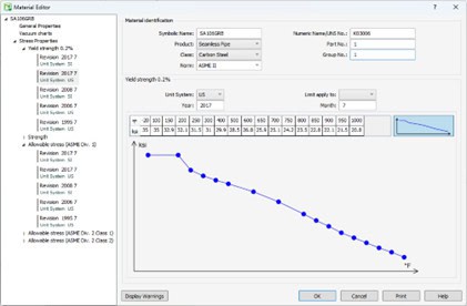 A software window displaying material identification is enhanced with a stress-strain curve graph on the right and an intuitive navigation tree of properties on the left. The custom steel's defined specs make for smarter design solutions akin to AutoPIPE Vessel's capabilities.