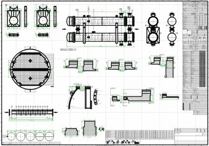 A technical blueprint featuring various mechanical components and structures, including pipes, tanks, and support beams, complete with annotations and measurements using AutoPIPE Vessel for a design smarter approach.