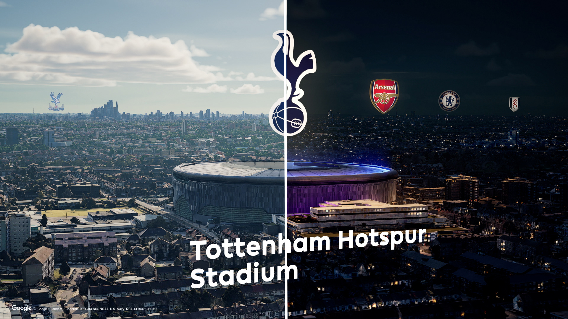 Aerial view of Tottenham Hotspur Stadium divided between day and night, with logos of Crystal Palace, Arsenal, Chelsea, and Fulham in the sky. Text reads "Tottenham Hotspur Stadium.