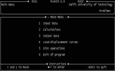 A black-and-white computer interface displays the main menu of the PLAXIS 1.0 program, with options for data input, calculations, output, curves, disk operations, and exiting.