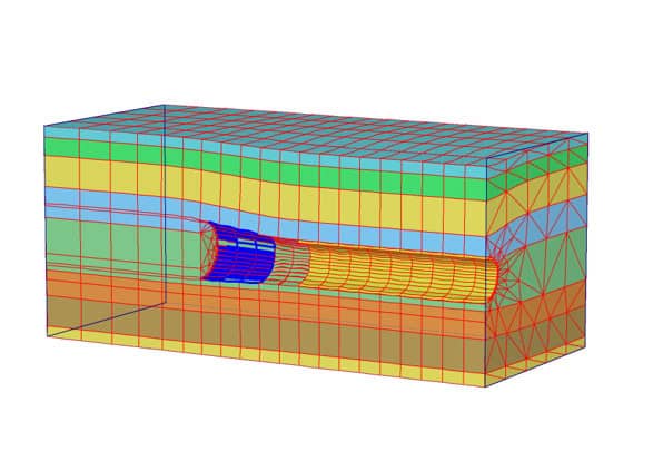 A 3D finite element mesh with a cylindrical object passing through a rectangular block, colored to show different regions and elements.