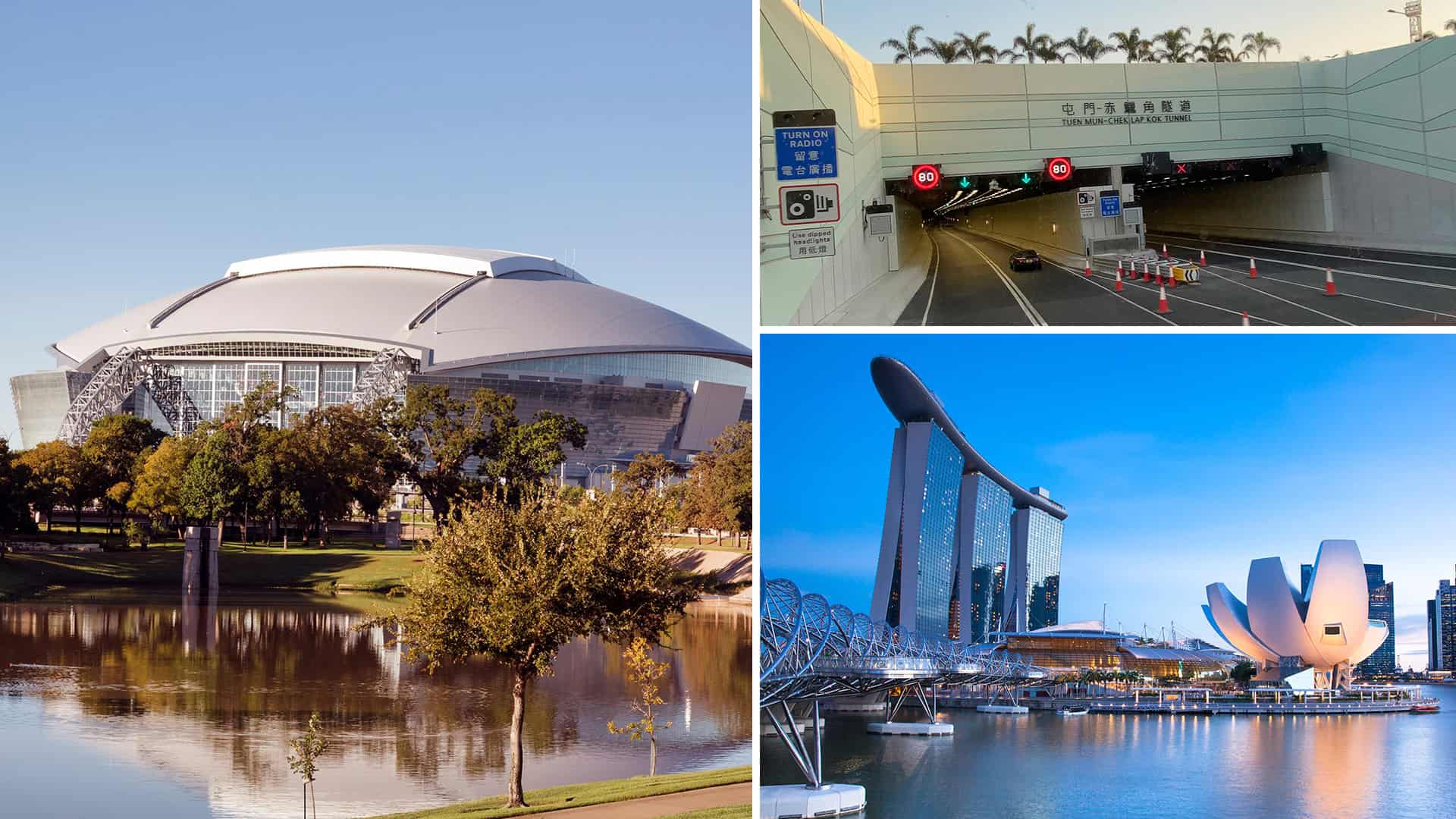 A collage showing a domed stadium by a lake, the entrance of an urban tunnel, and a cityscape with modern buildings including a hotel and an art museum.