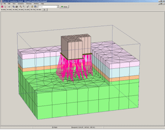 A 3D computer simulation shows a layered subsurface model with pink lines extending downward from a rectangular block, indicating flow or force distribution through the layers.