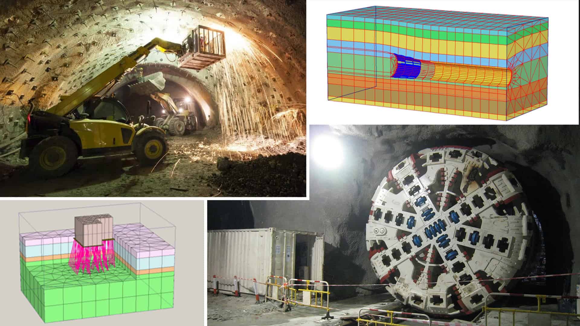Collage showing tunnel construction machinery, a tunnel boring machine, and two colored computer-generated models simulating engineering or structural analysis.