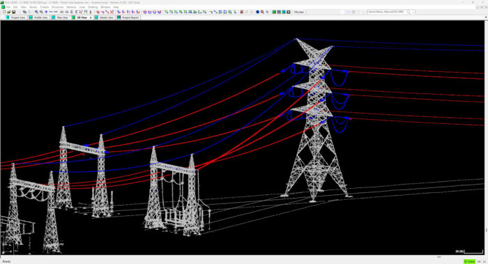 A computer-aided design (CAD) wireframe model of a power transmission tower and substation with color-coded overhead power lines on a black background.