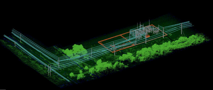 A 3D point cloud scan of a power substation, electrical lines, and surrounding vegetation, with structures shown in blue and red, and trees in green.