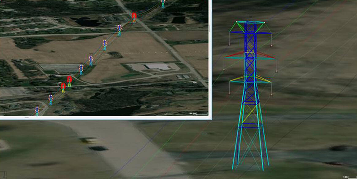A digital map displays a transmission line route with highlighted structures, alongside a 3D model of a power transmission tower.