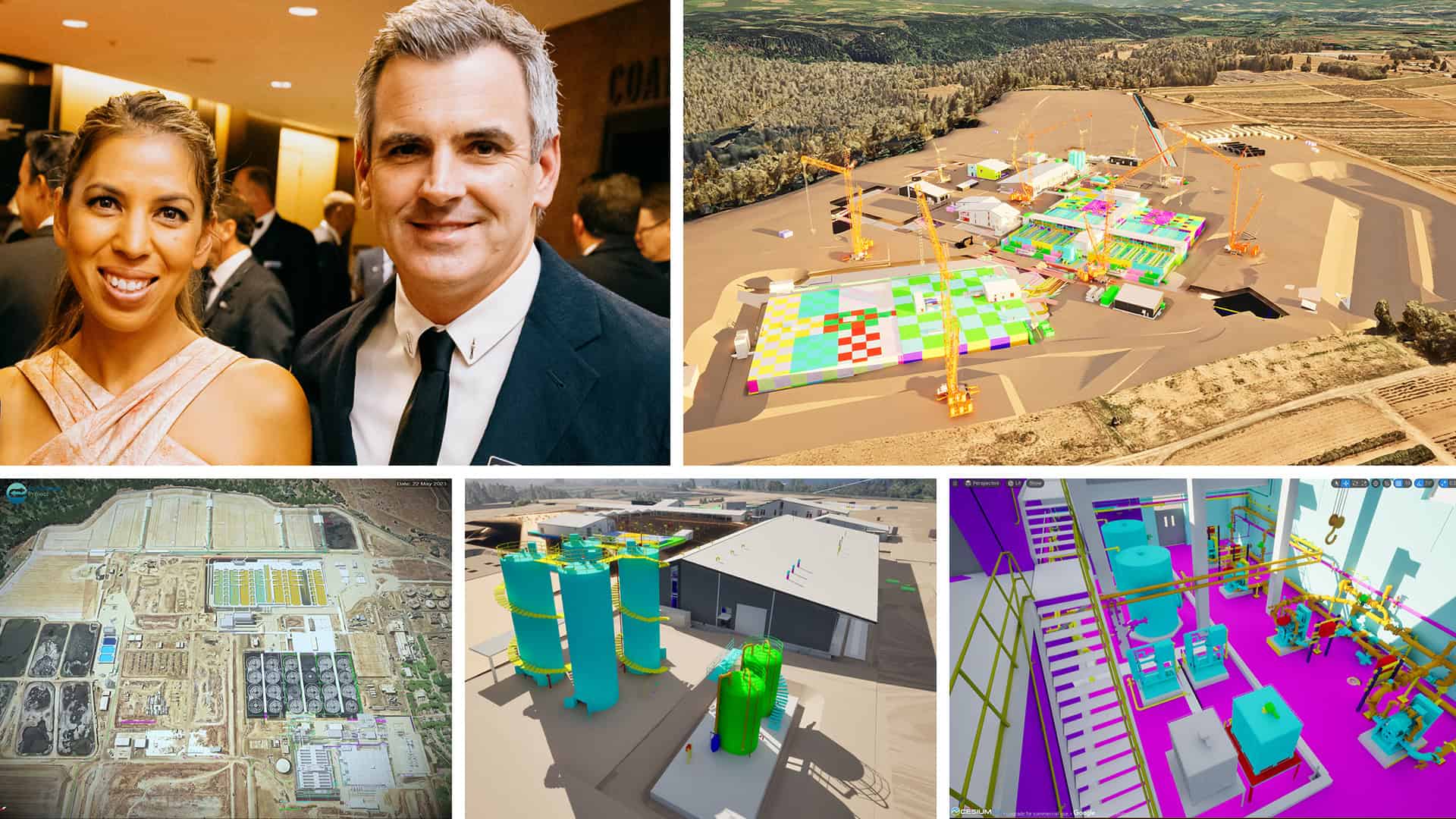 A composite image with a formally dressed couple, aerial views of an industrial construction site, and several technical 3D renderings of the facility.