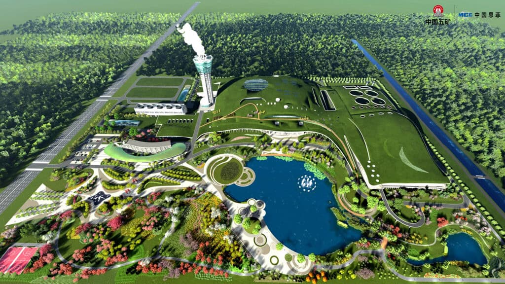 Aerial view of a modern industrial facility with green roofs and a central pond in Xiong’an, designed for greener urban living, featuring landscaped gardens, surrounding forest, parking lot, and a plume of smoke from a tall stack.