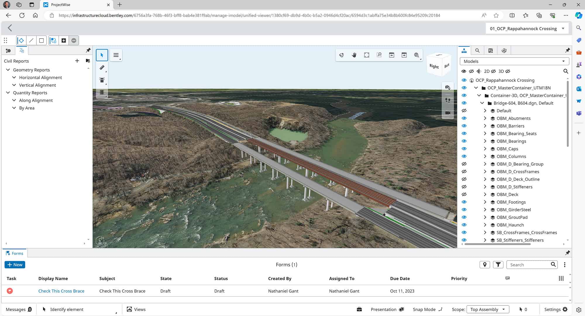 3D model of a bridge spanning a river in a landscape, displayed on design software with project details and file navigation panel visible.