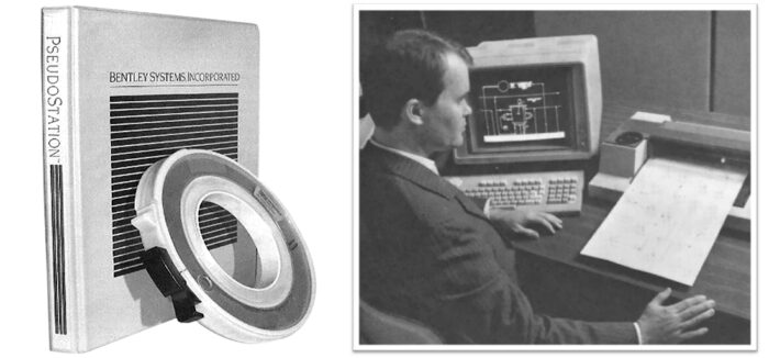 Black-and-white image showing a man working on a CAD system at a desk with a keyboard and monitor. A software manual labeled "Pseudostation" and a large magnetic tape reel are visible on the left.