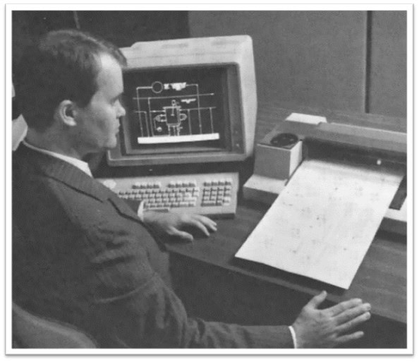 A man in a suit is seated at a desk, using a vintage computer and printer to print a document. The computer screen displays a technical diagram.