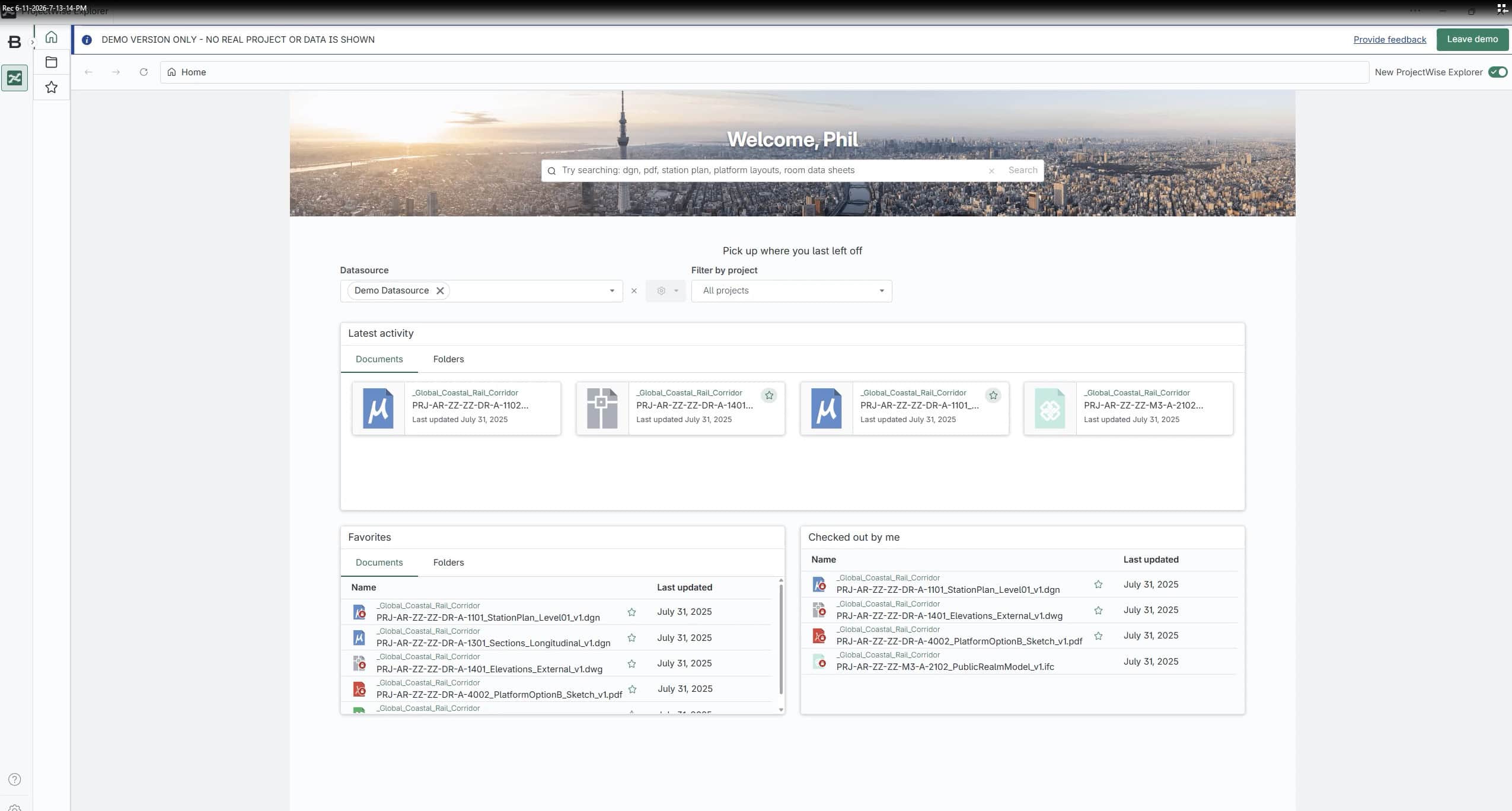 A dashboard interface with a welcome message, search bar, recent activity, favorites, and checked-out files displayed on a white background.