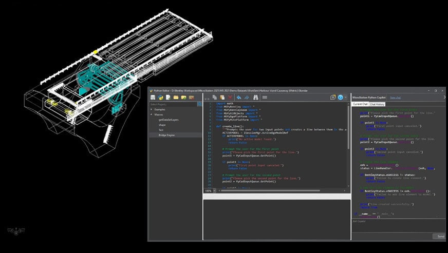 A CAD model of a mechanical part is shown on the left, while a Python script for AI automation in MicroStation 2025 is displayed on the right.