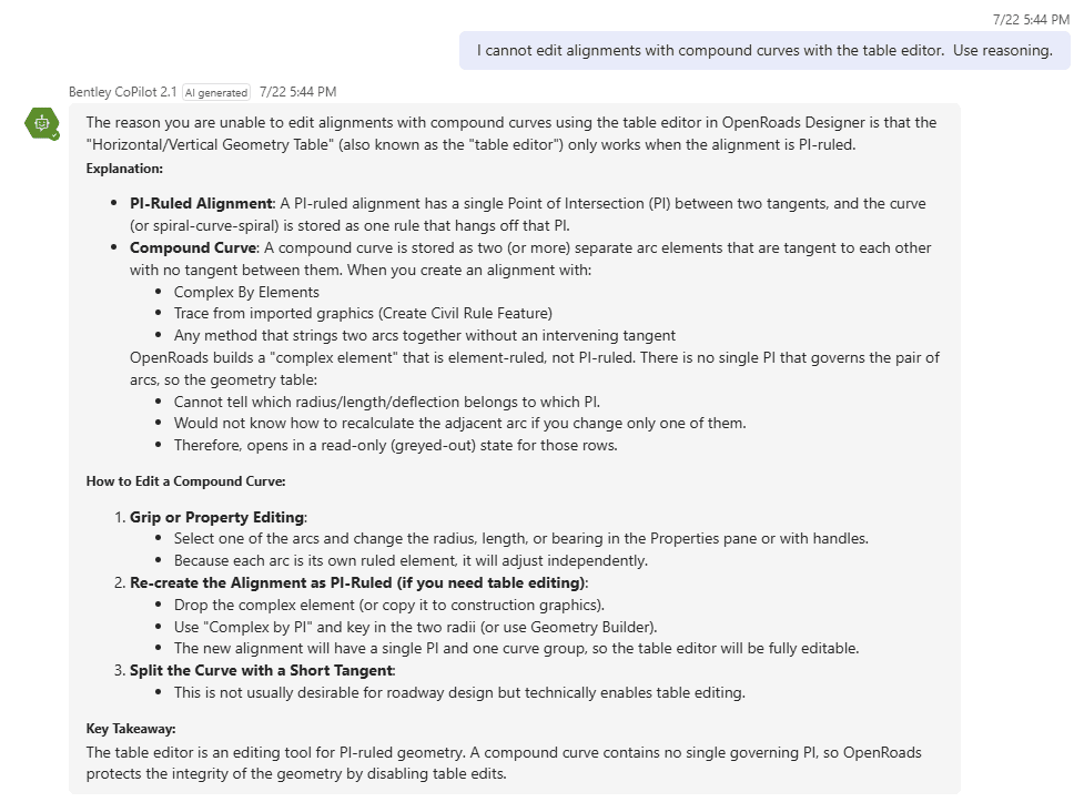 Screenshot of an AI assistant guiding engineers through a software learning process, explaining why table editor alignments can't be used with compound curves in OpenRoads Designer, and offering a step-by-step workaround with key takeaway notes.