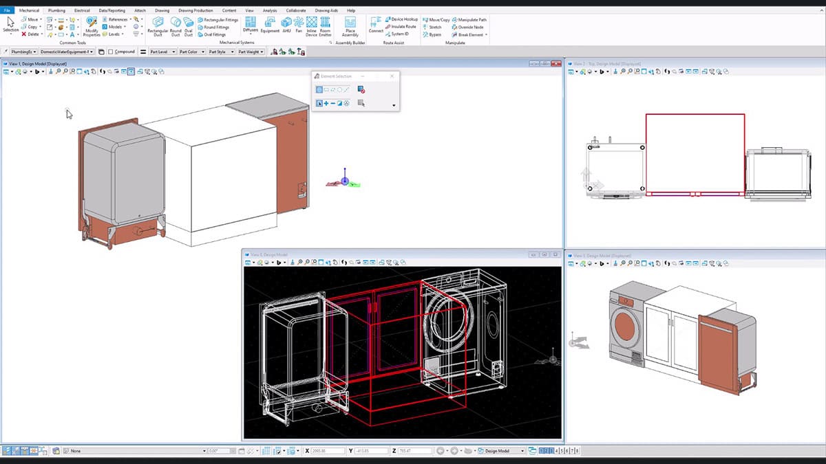 Computer-aided design (CAD) software interface displaying multiple 3D and 2D views of a household appliance, such as a washing machine or dryer, highlighting piping design and efficiency with tools like OpenBuildings Designer.