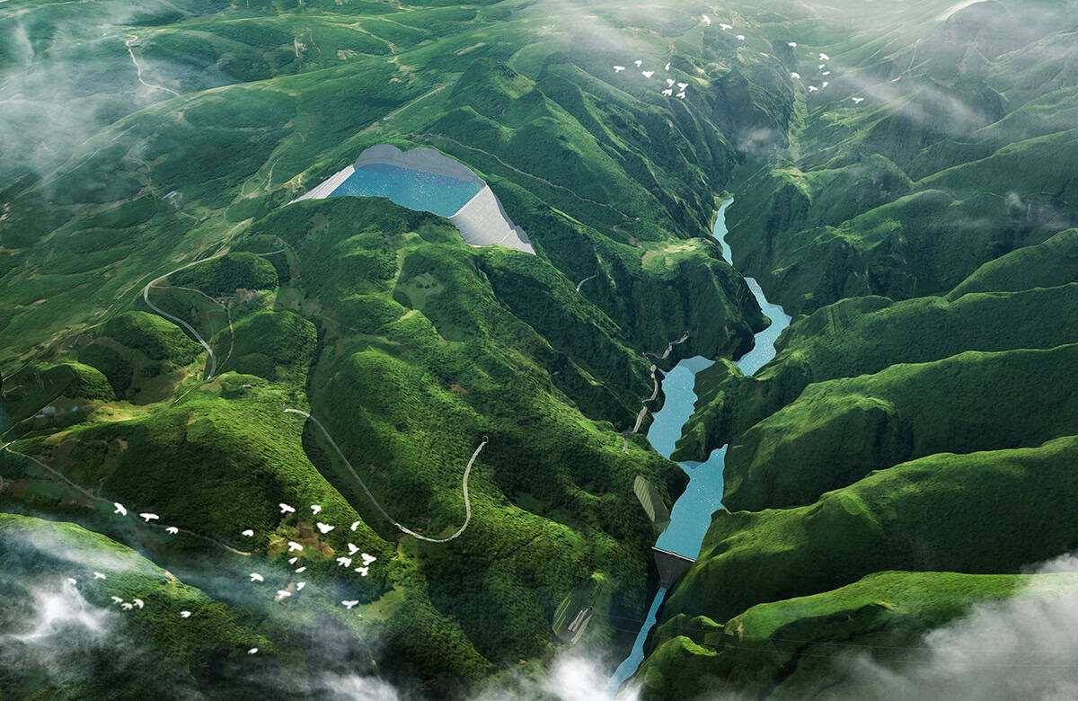 Aerial view of a lush green mountainous landscape in Southwest China, with reservoirs and dams built between valleys generating clean energy, birds flying above, and clouds partially covering the scene.