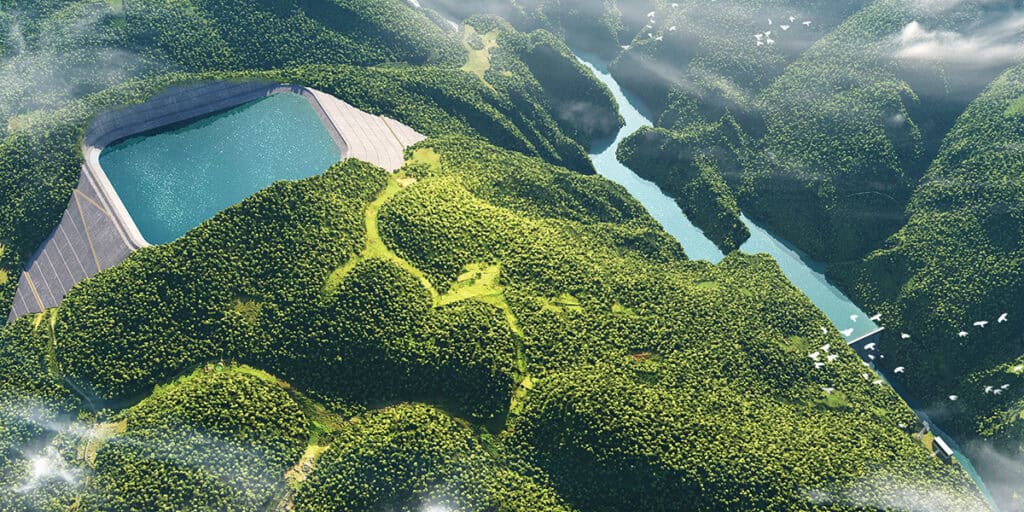 Aerial view of a large reservoir in Southwest China, surrounded by densely forested hills, with a dam structure and winding rivers showcasing the region’s complex geology and commitment to clean energy.
