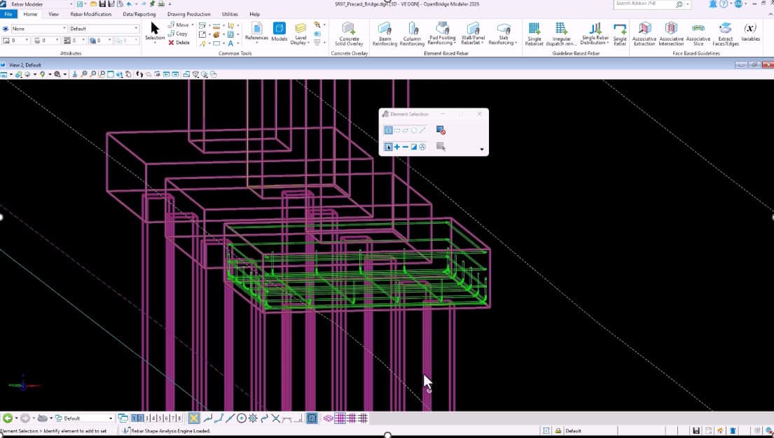 A 3D CAD modeling software interface—such as OpenBridge Designer—displays a wireframe bridge design with purple and green lines on a black background; a floating dialog box is open near the center, supporting connected workflows.