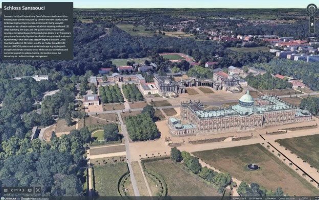 Luftbild in 3D von Schloss Sanssouci und den umliegenden GƤrten in Potsdam, Deutschland, mit sichtbaren Parkanlagen, Wegen und angrenzenden GebƤuden. Informationsfeld links angezeigt.