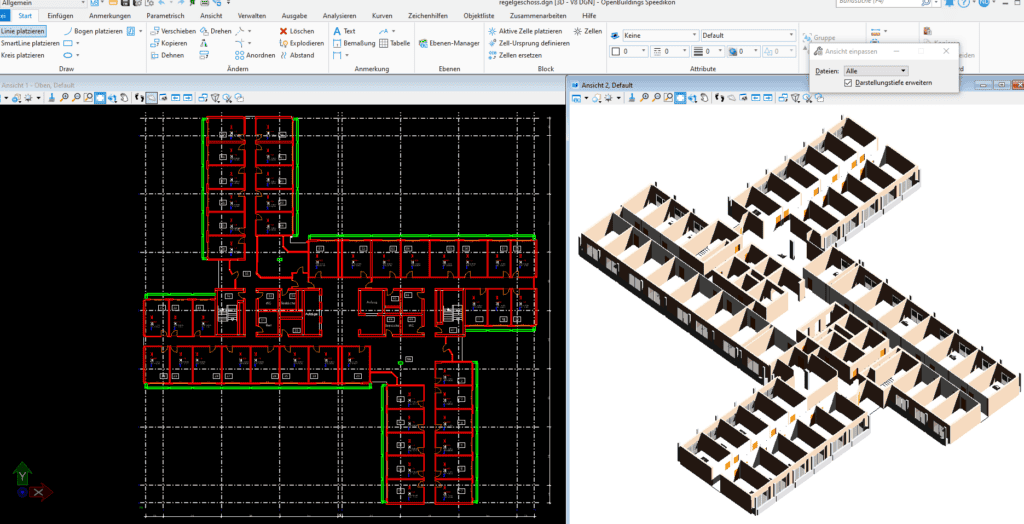 A digital architectural floor plan is shown on the left and a 3D BIM model of the same building layout is on the right, displayed on a computer screen interface.