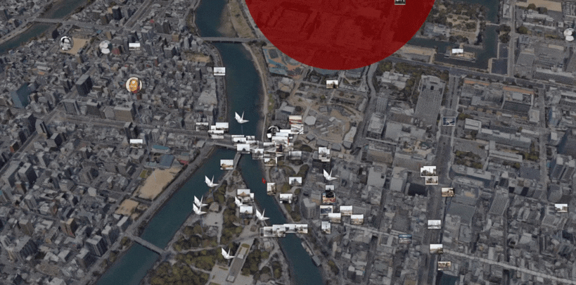Aerial view of an urban area with a large red circle, river, bridges, and various small photo icons scattered across the map—offering a unique way to experience history with innovative 3D technology.