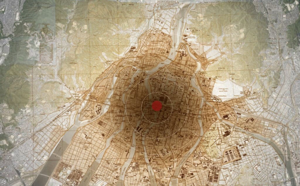 A map of Hiroshima with concentric circles radiating from a red center point, created by a Japanese professor using 3D technology to depict the blast radius and preserve the memory of the atomic bomb explosion.