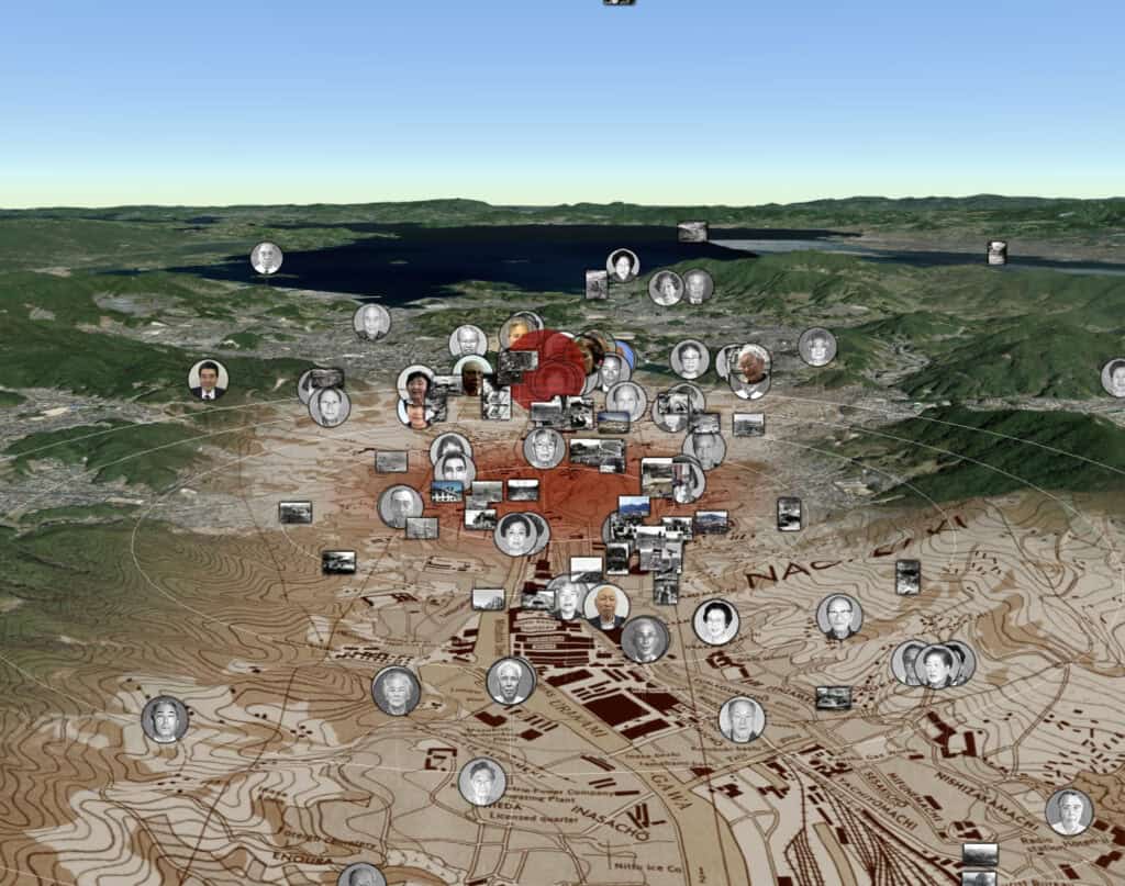 A 3D map uses advanced 3D technology to display a city, with red highlighted areas and black-and-white portrait icons scattered across the landscape, marking locations of historical significance and memory.