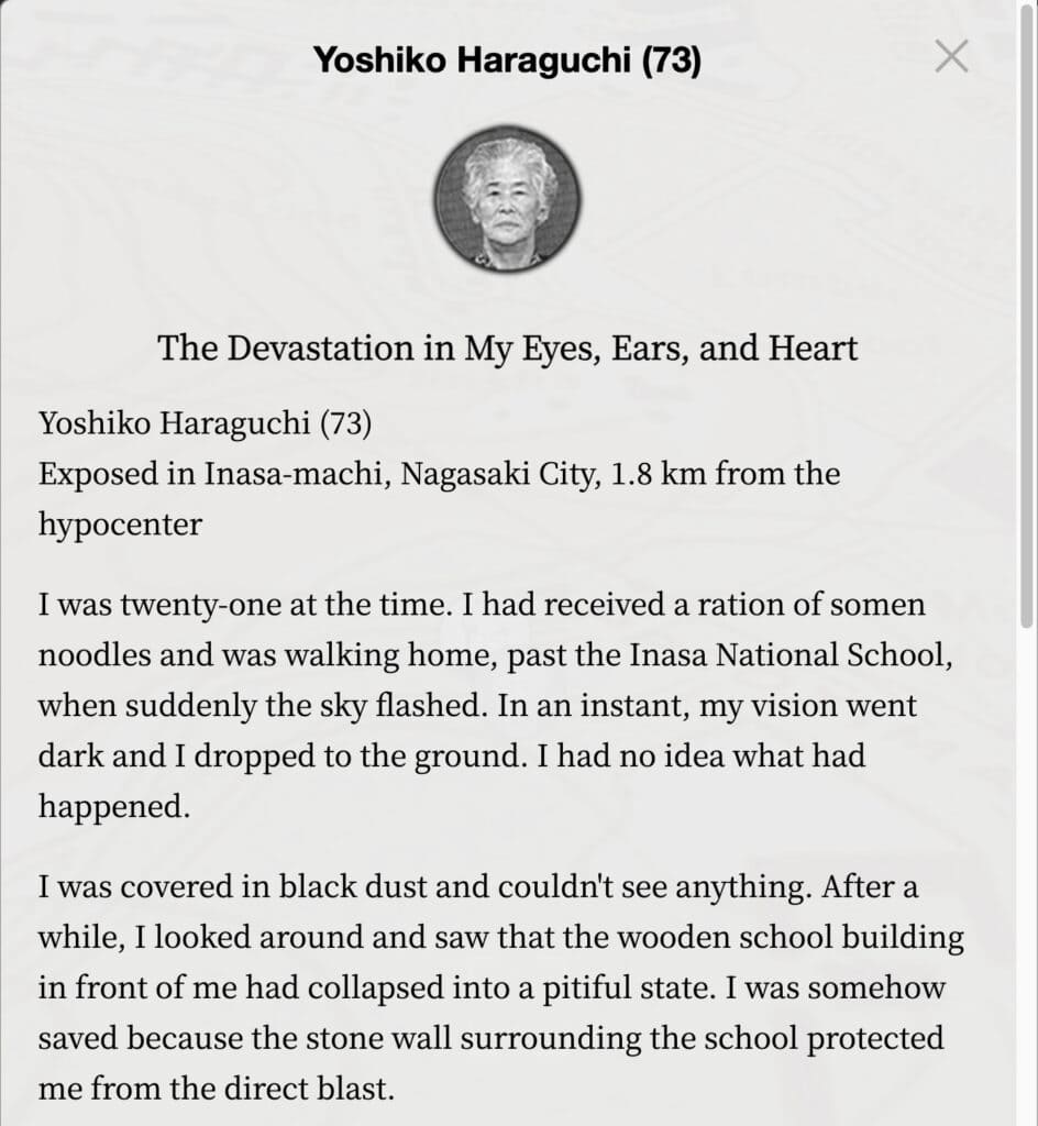 Black-and-white portrait of Yoshiko Haraguchi, age 73, Japanese professor, with text recounting her memory as a young woman during the Nagasaki bombing.