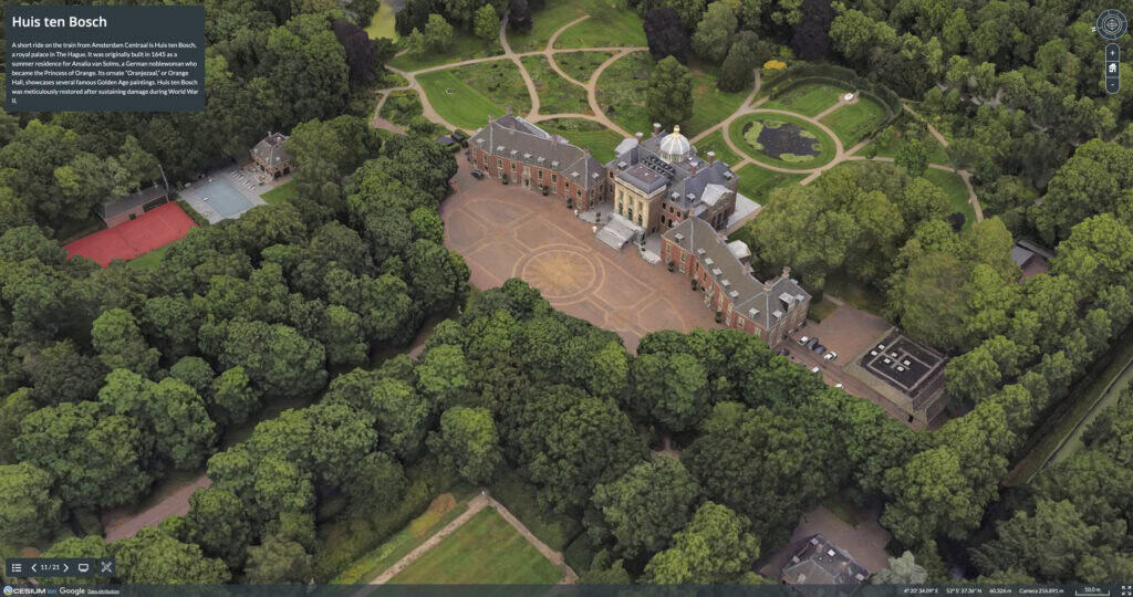 Aerial 3D view of Huis ten Bosch palace surrounded by dense trees, gardens, and pathways in The Hague, Netherlands, with a courtyard in front of the main building.