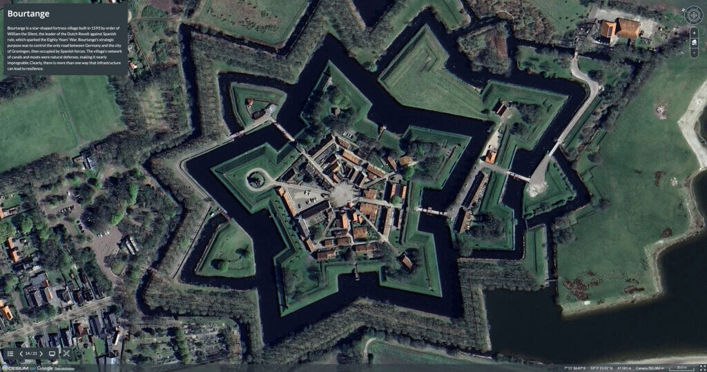 Aerial view of Bourtange, a star-shaped fortress in the Netherlands with water-filled moats, roads, and historic buildings, surrounded by green fields and trees—a 3D testament to efforts to conquer the sea.