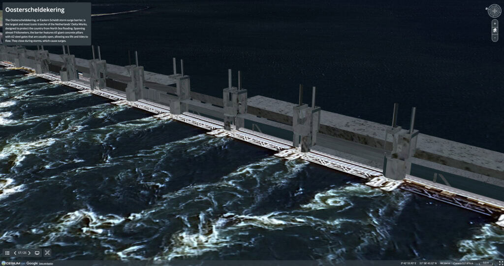 Aerial 3D view of the Oosterscheldekering storm surge barrier in the Netherlands spanning turbulent water, with information overlay in the upper left corner—witness how this engineering marvel helps Conquer the Sea.