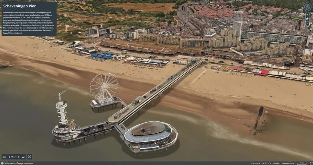 Aerial 3D view of Scheveningen Pier extending into the sea, featuring a Ferris wheel, surrounding beach, and nearby buildings in The Hague, Netherlands.