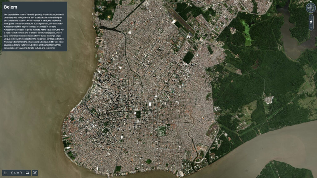 Satellite image of Belém, Brazil, showing dense urban development surrounded by rivers and green areas, with a text box describing the city in the upper left corner.