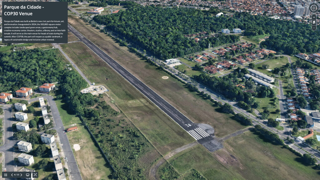 Aerial view of Parque da Cidade, featuring a long runway surrounded by grassy fields, trees, and residential buildings, with informational text about COP30 Venue on the left.