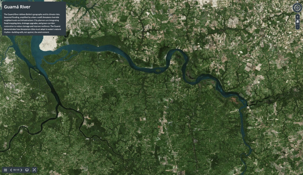 Satellite view of the Guamá River winding through a green, forested landscape in northern Brazil, with patches of cleared land and scattered settlements visible.