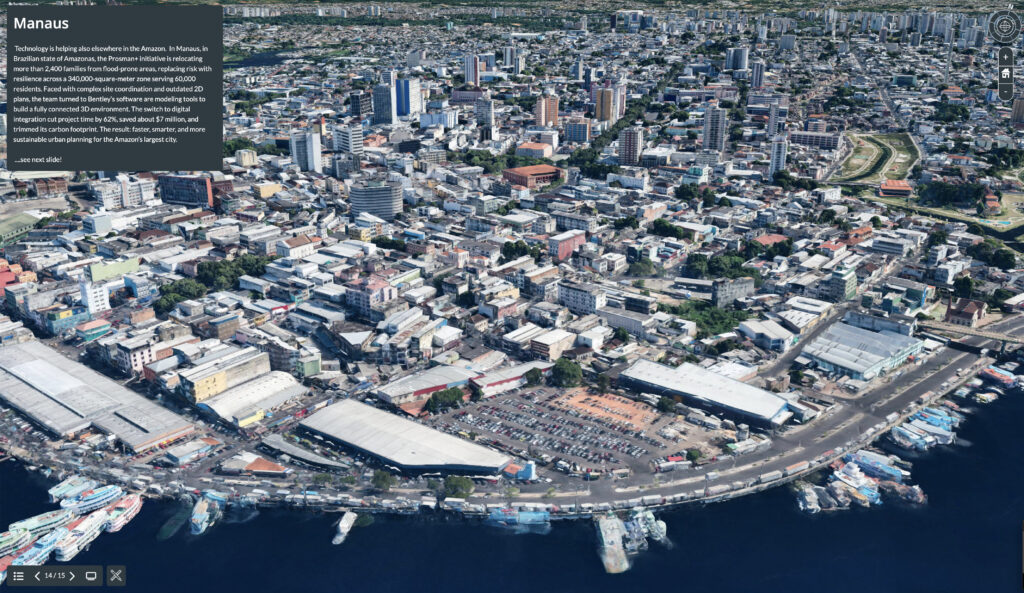Aerial view of downtown Manaus, Brazil, showing dense urban buildings, waterfront warehouses, and boats docked along the river.