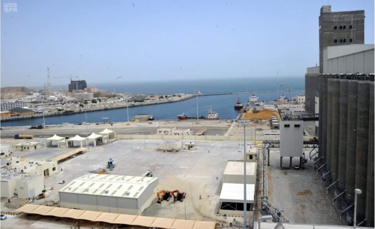 Aerial view of an industrial port area with storage silos, docked ships, and buildings near a body of water under a clear sky.
