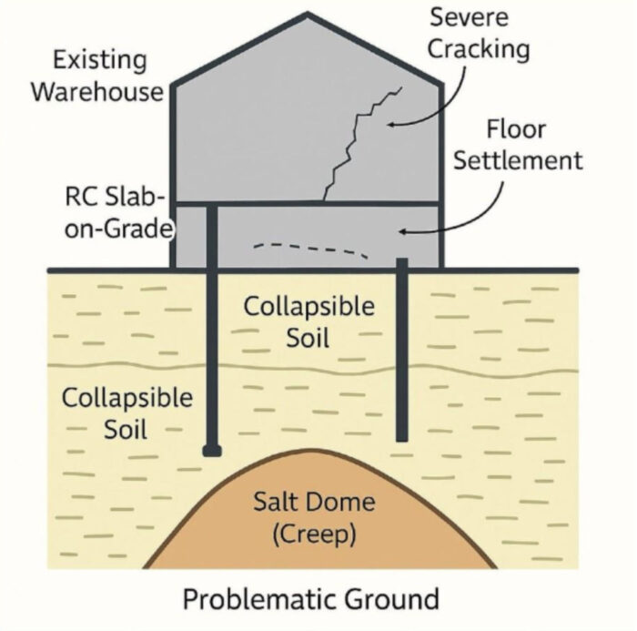 Diagram of a warehouse showing floor settlement and severe cracking due to collapsible soil and a creeping salt dome beneath the RC slab-on-grade foundation.