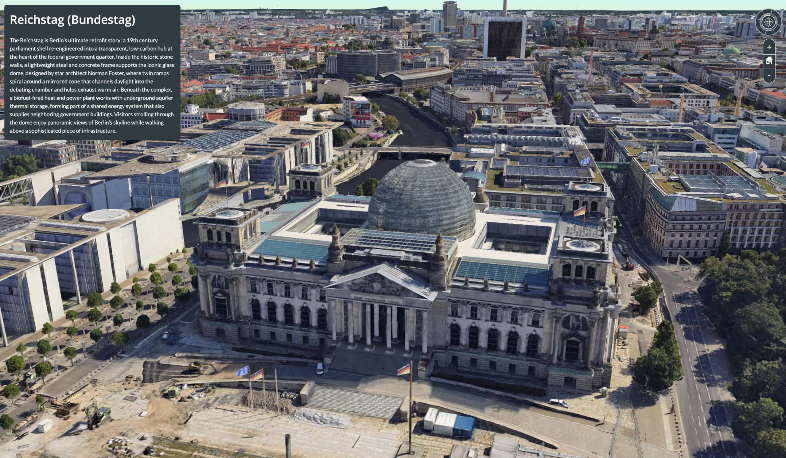 Aerial view of the Reichstag building in Berlin, Germany, featuring its glass dome and surrounding government buildings, with cityscape in the background.