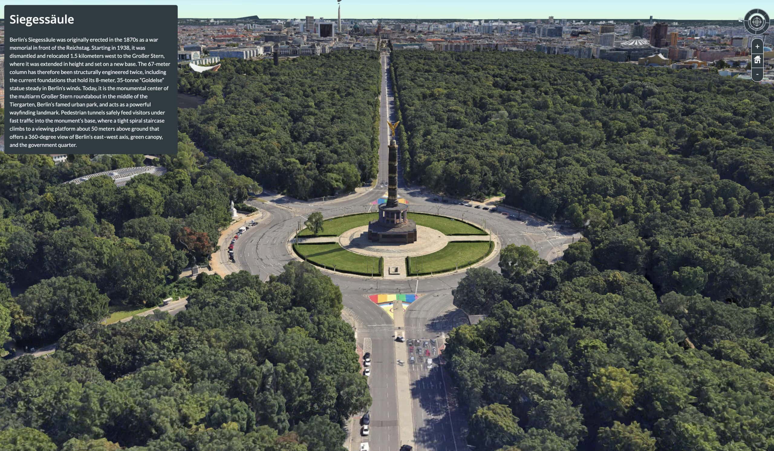 Aerial view of Berlin's Siegessäule (Victory Column) at the center of a large traffic roundabout, surrounded by dense trees and city buildings in the background.