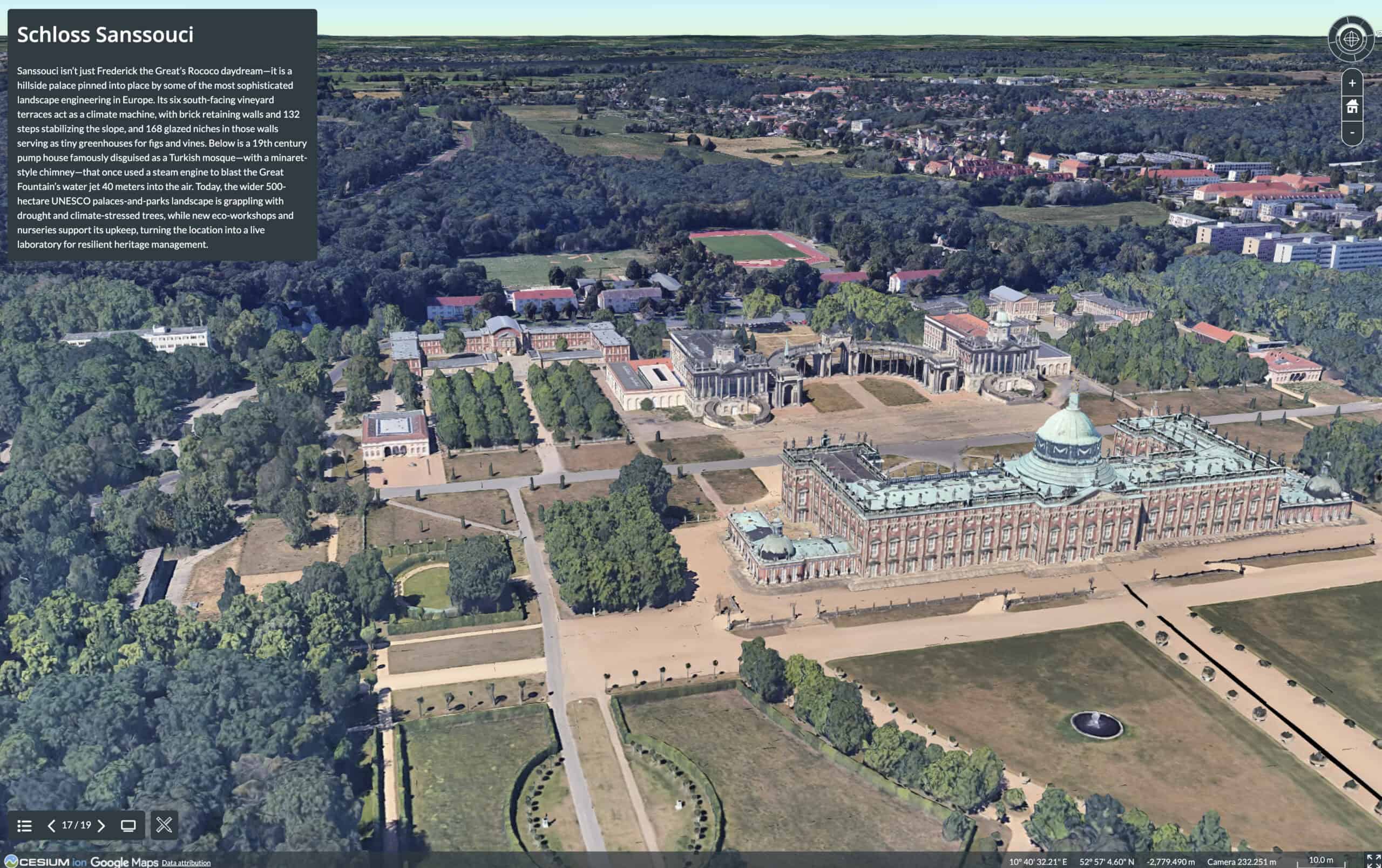 Aerial 3D view of Schloss Sanssouci and surrounding gardens in Potsdam, Germany, with park grounds, pathways, and adjacent buildings visible. Informational text box shown on the left.